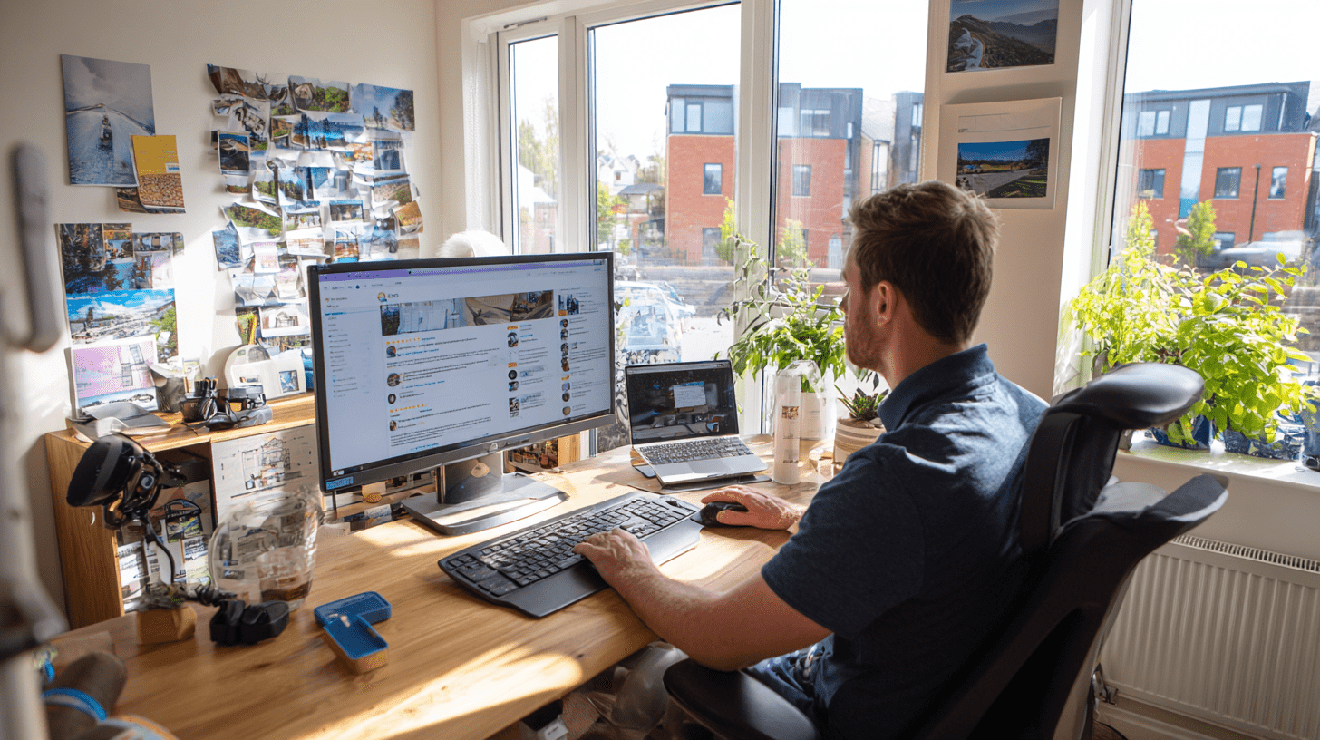 A builder in his office working on his computer, adding client reviews to his website.