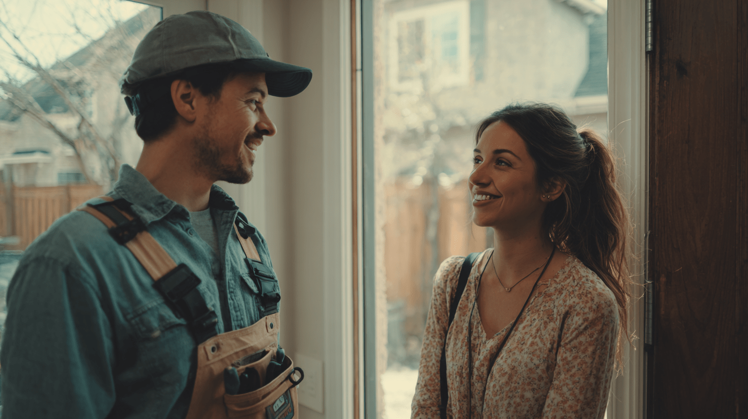 An Electrician talking to a happy client.