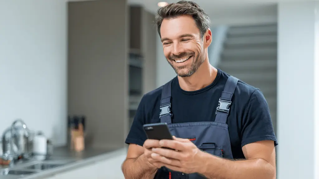 A plumber reviewing his social proof on his social media on his mobile phone.