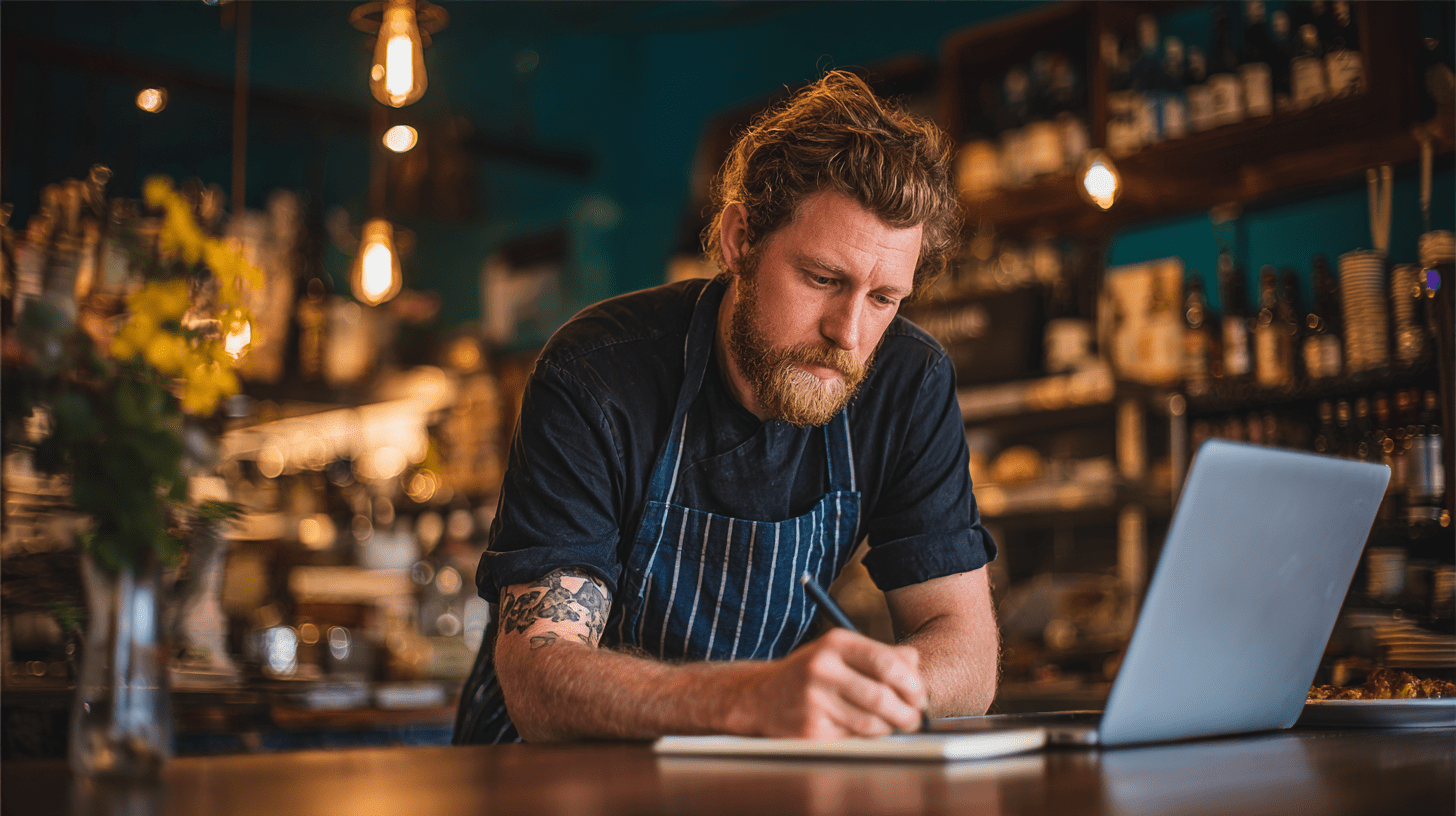 A chef in his restaurant working on his laptop and writing a blog.
