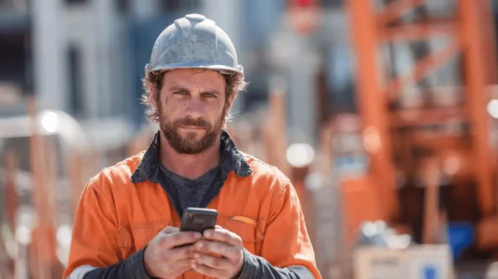 A Trade Business owner looking at his social media analytics on his mobile phone.