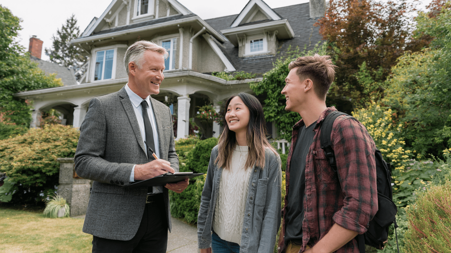 A real estate agent talking to a young couple outside a house for sale.