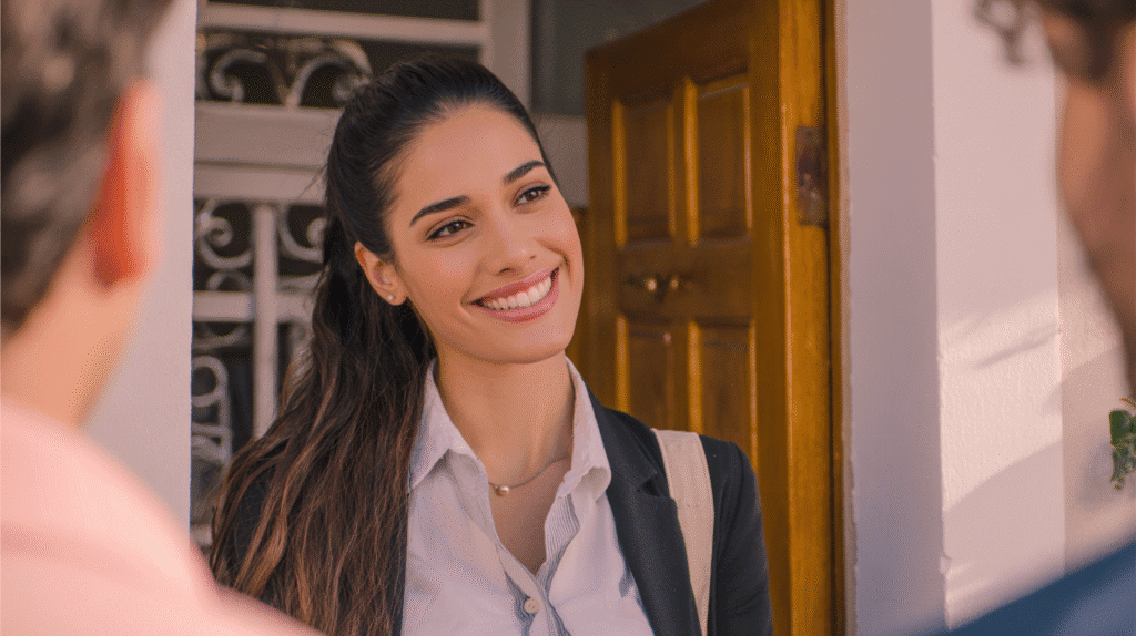 A female real estate agent talking to a young couple outside a house for sale.