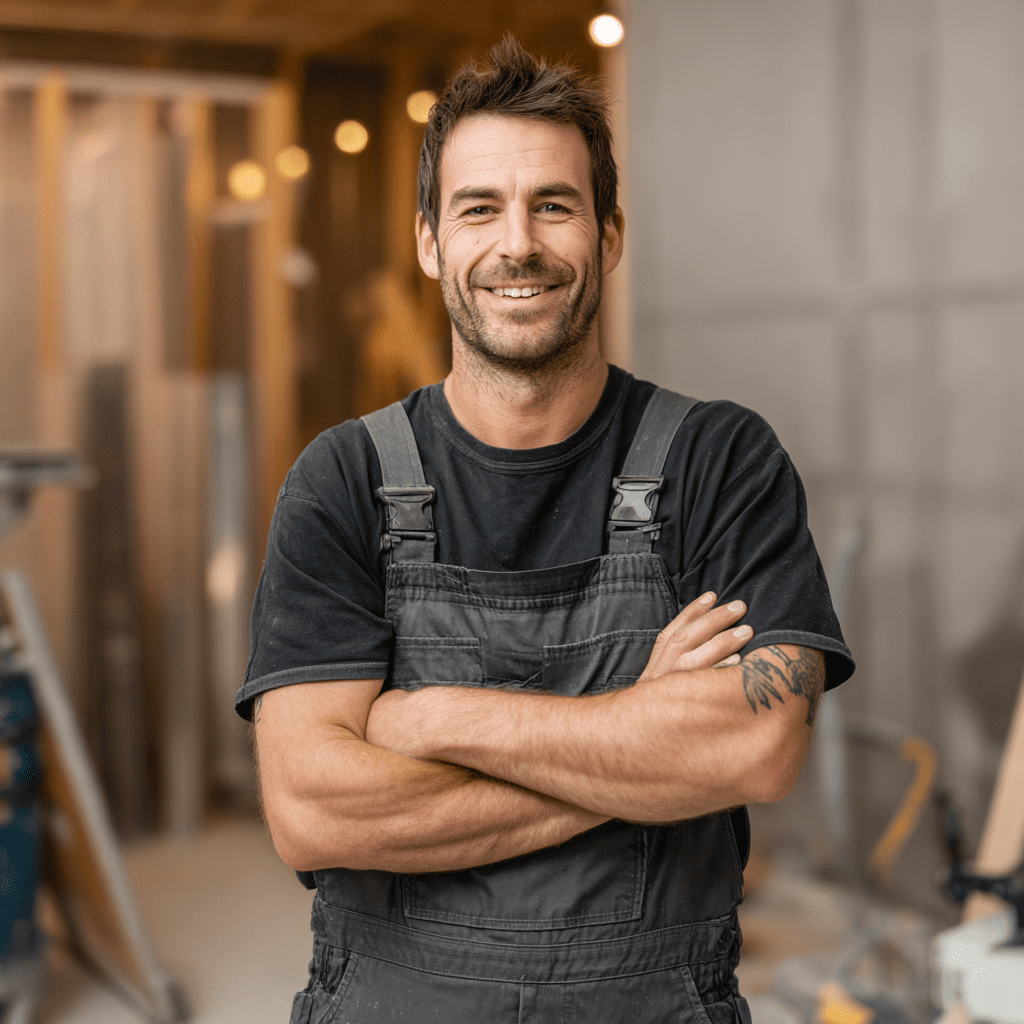 An independent shop fitter standing at a job site.