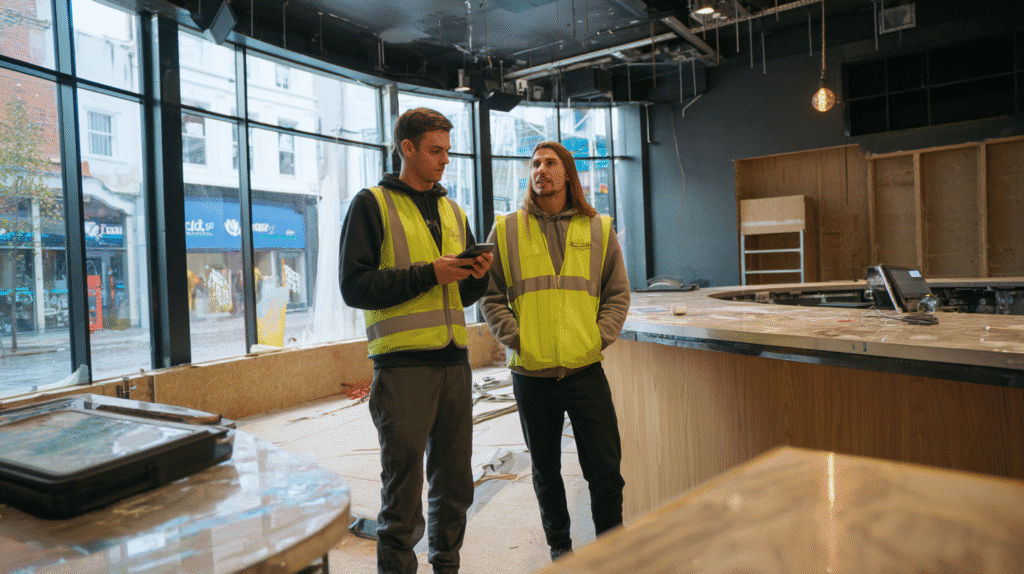 Two shop fitters discussing their mobile SEO at a job site.