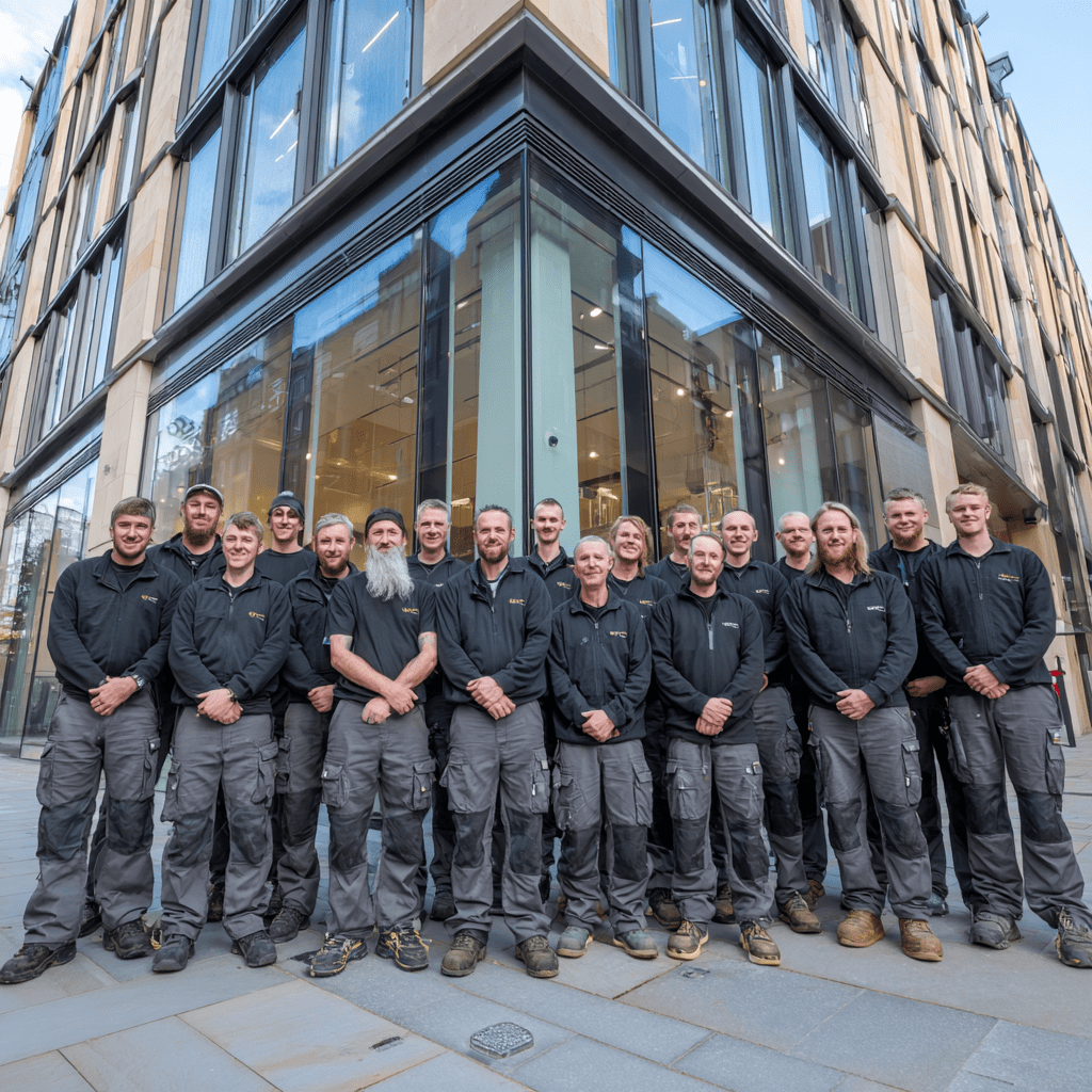 A team photo from a Multi-location shop fitting company.
