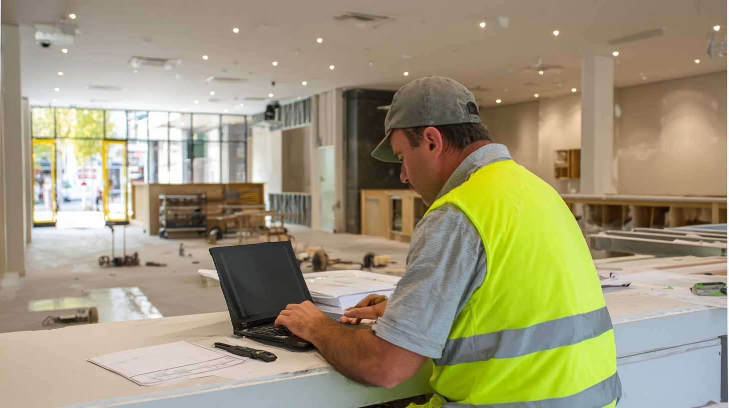 A retail fitout contractor analysing his SEO performance on a laptop at a job site.