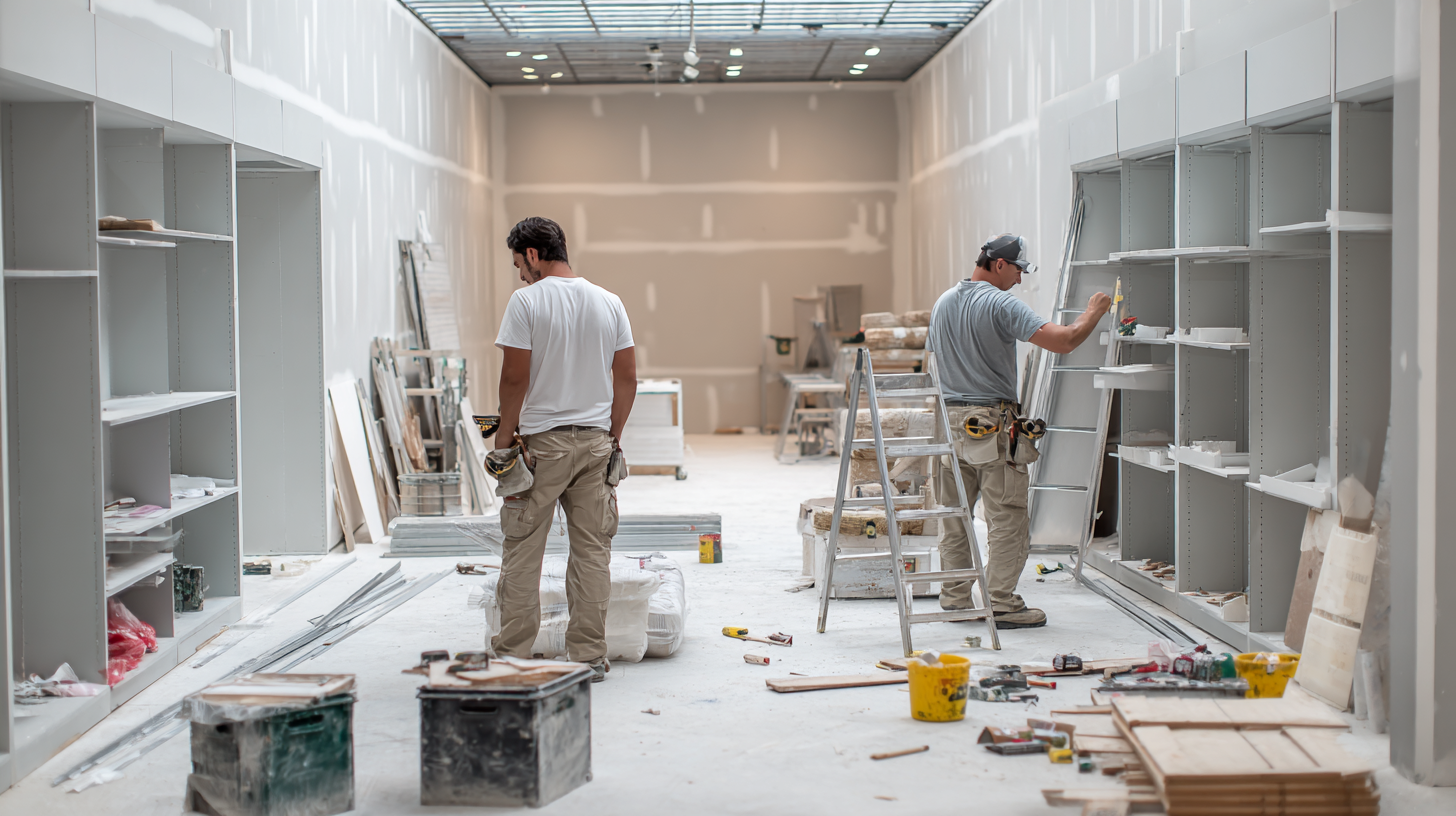 Two retail fitout contractors working in a partially built retail store.