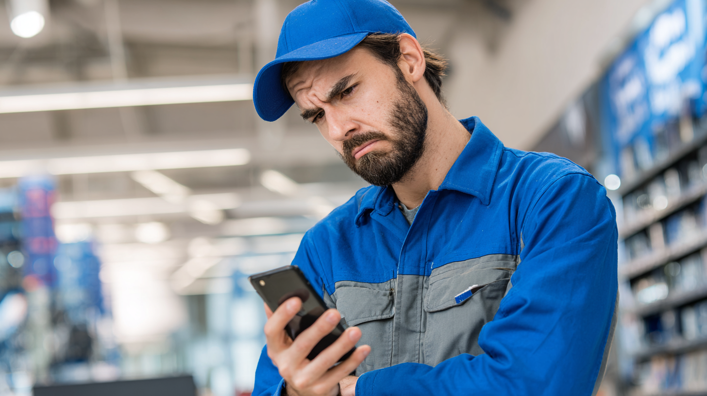 A shop fitter looking at his mobile SEO on his phone.