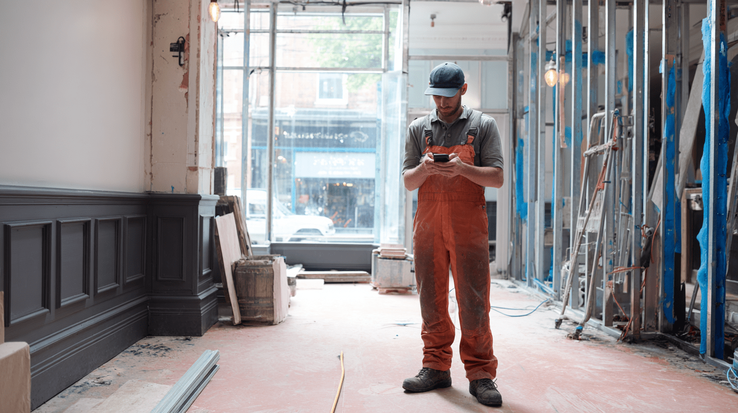 A shop fitter checking his mobile SEO performance on his mobile phone.