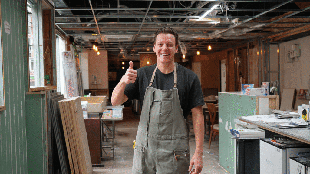 A shop fitter standing at a job site and giving thumbs up.