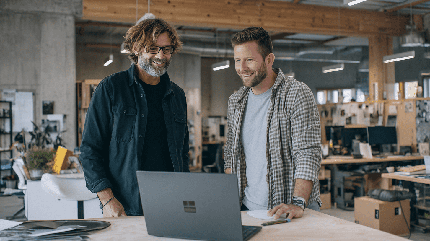 Two shop fitters working on a laptop and discussing their SEO content.