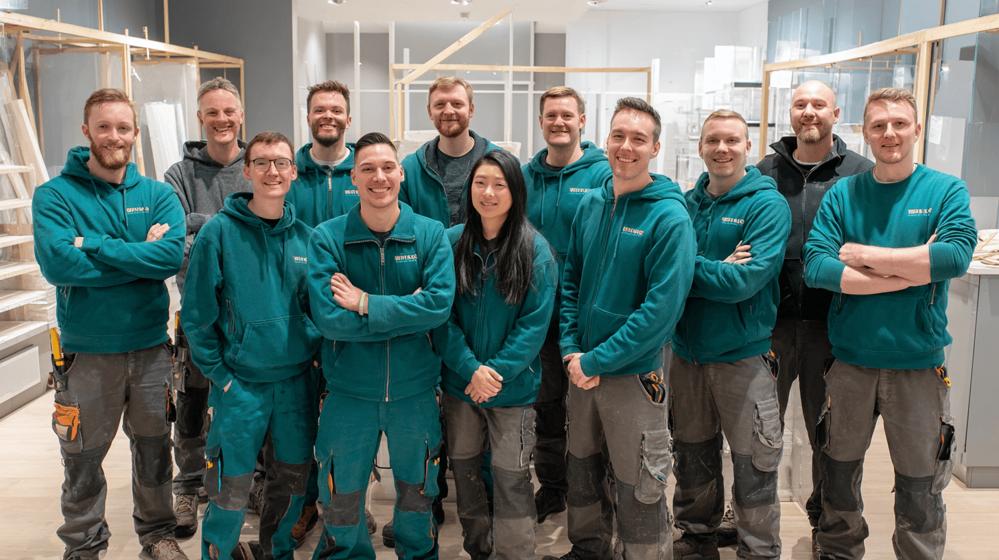 A team of shop fitters posing for a team photo.