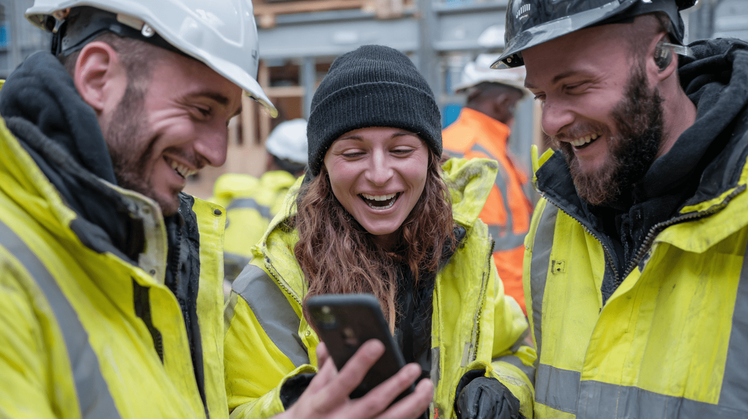 Three shop fitters laughing and creating social media content.