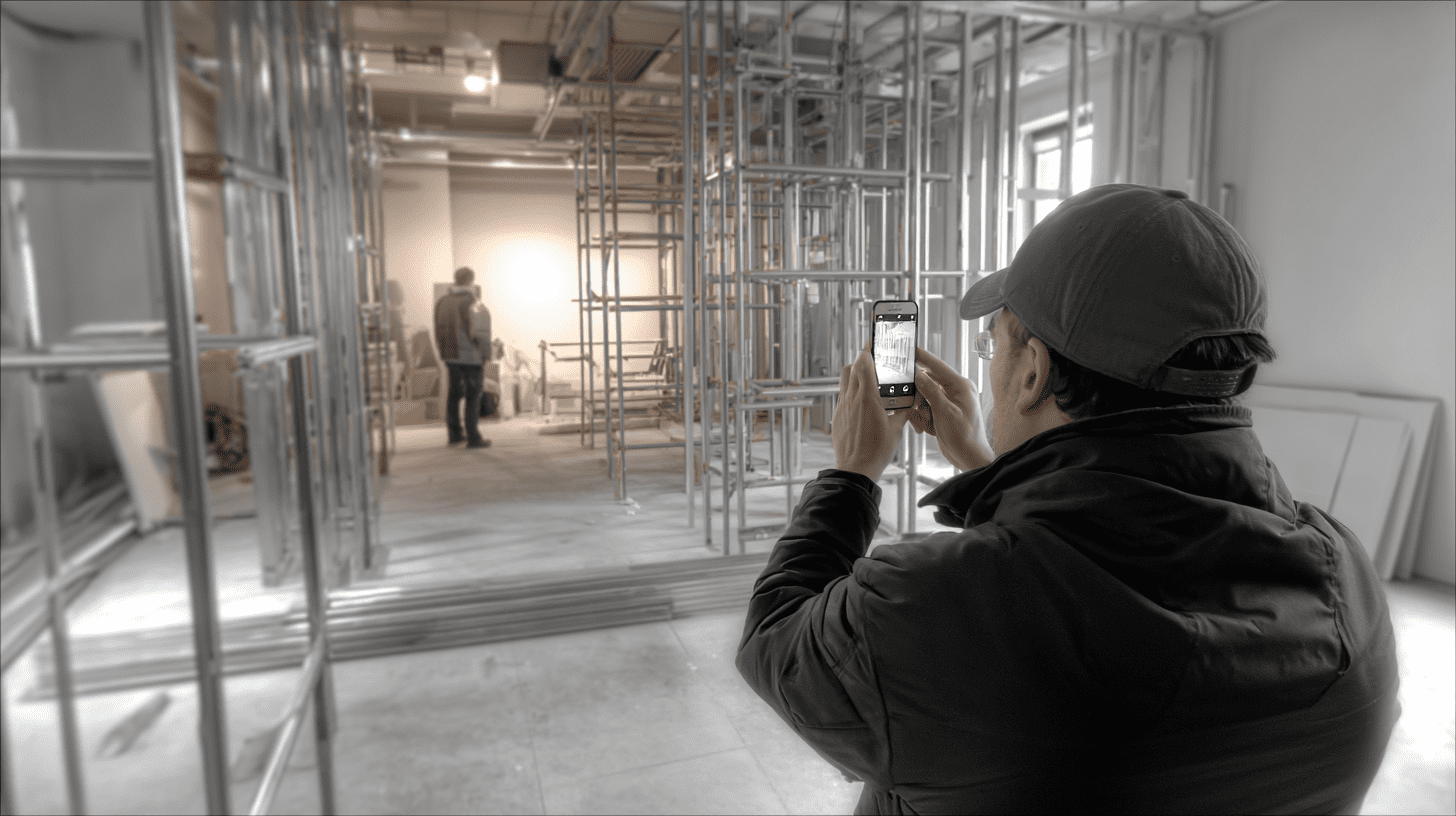 A shop fitter filming at a job site for social media and SEO.
