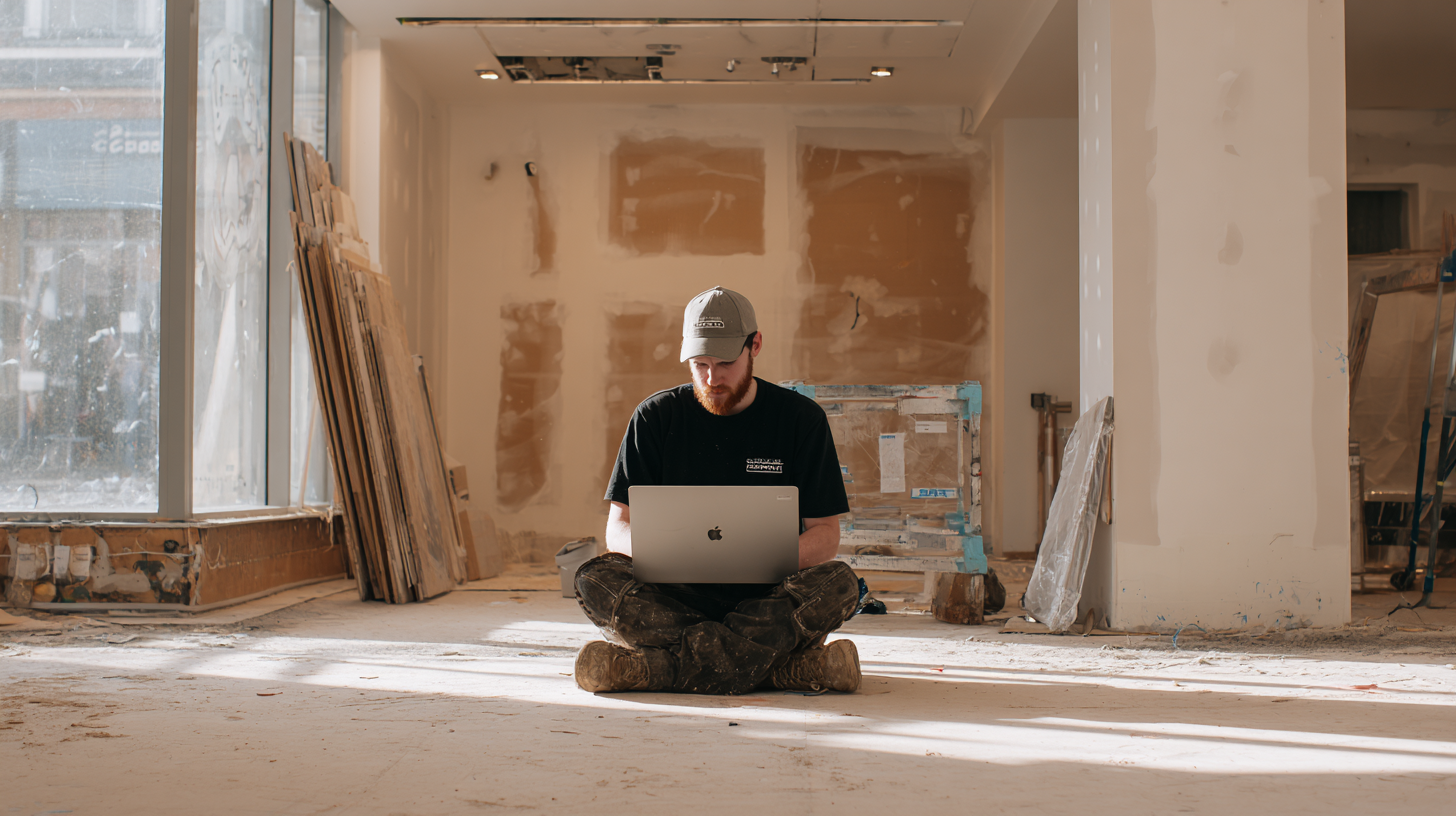 A shop fitter working on his social media and SEO on a laptop.