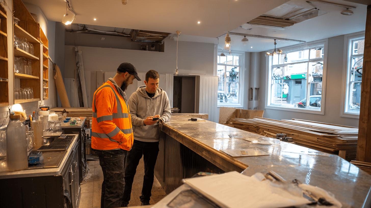 Two shop fitters reviewing their social media and SEO on a mobile phone.