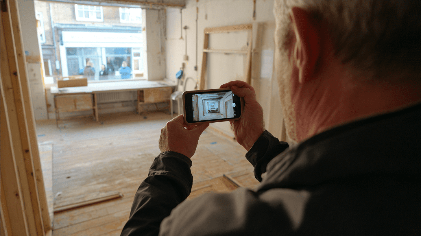 A shop fitter filming content on his mobile phone at a job site.
