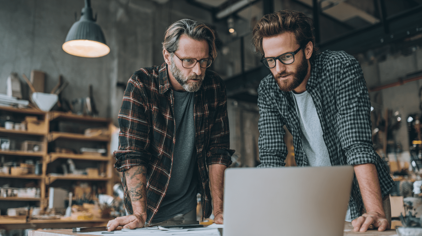 A shop fit-out business owner discussing his SEO performance with a colleague.