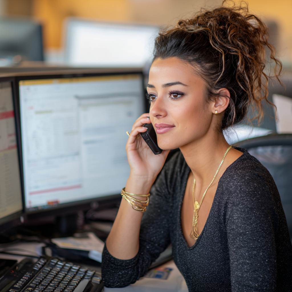 A Bookkeeping Manager from International Outsourcing Group sitting at her desk and speaking to a client on the phone.