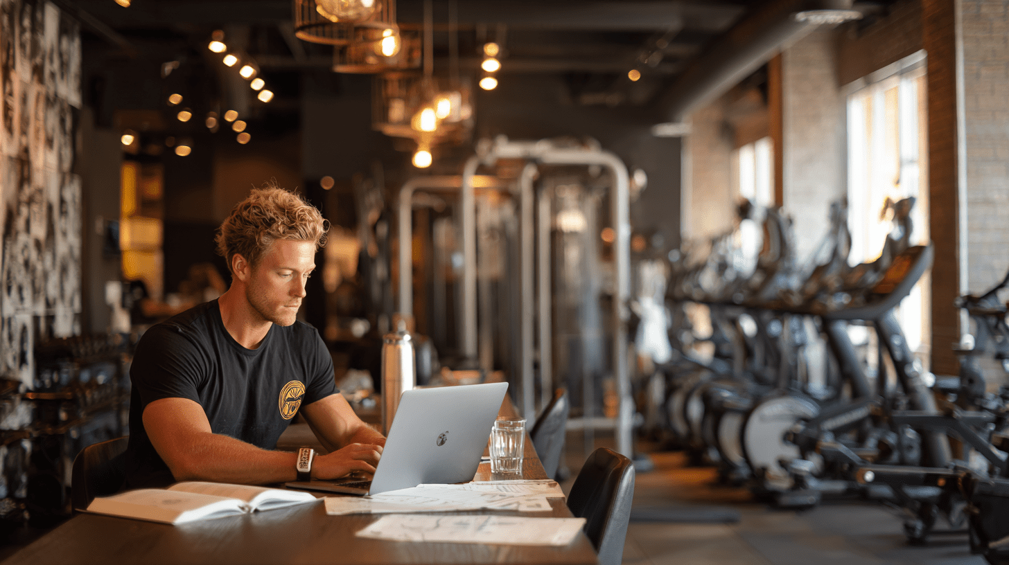 An owner of a boutique fitness studio working on his laptop crafting SEO content.