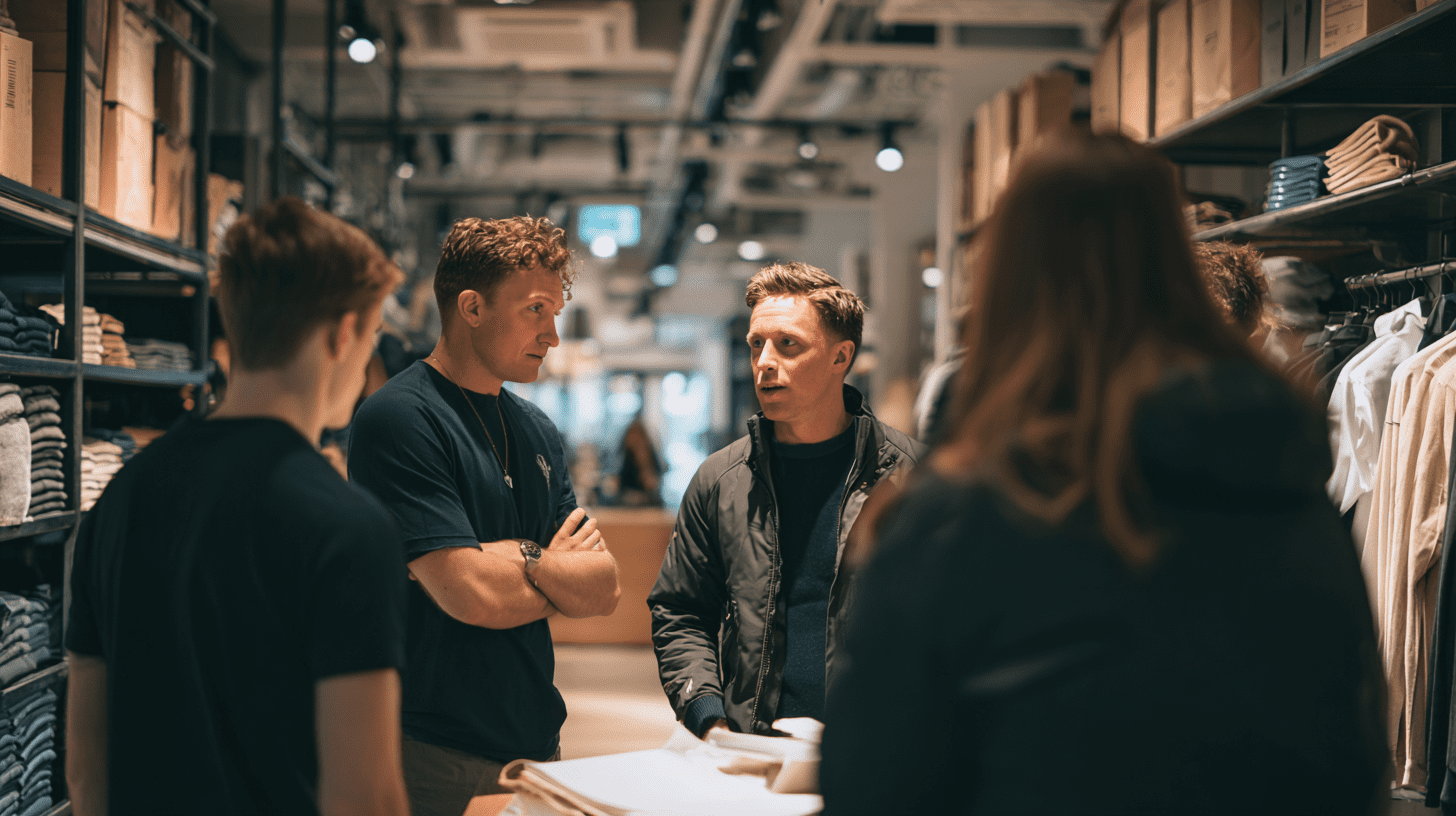 A team of retail store fitout contractors speaking with a client in a retail store.
