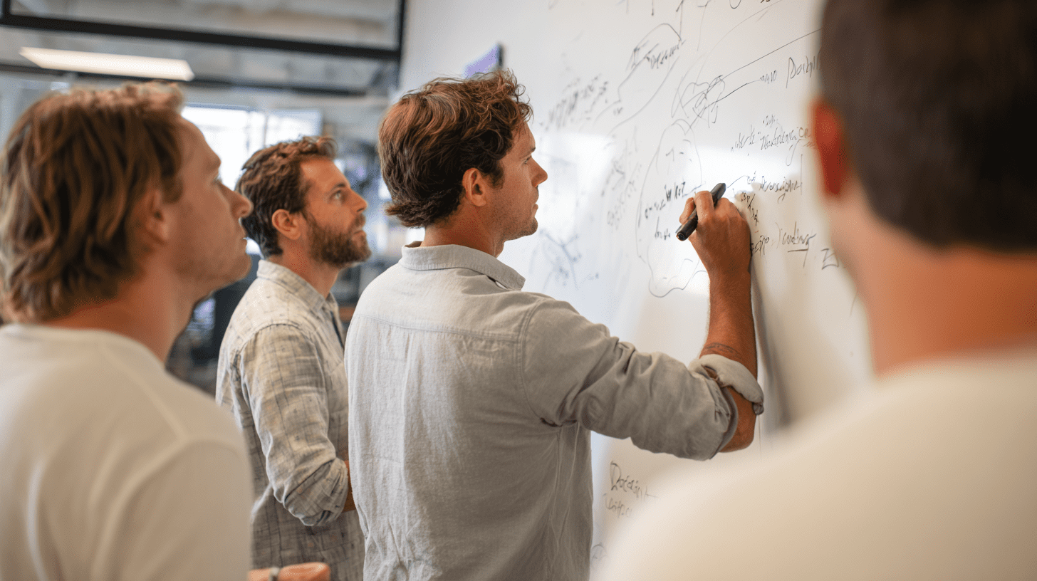 A team of retail store fitout contractors working on their SEO content on a whiteboard.