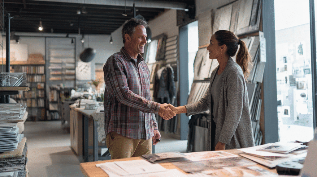 A retail store fitout contractor shaking hands with a client upon completing a job.