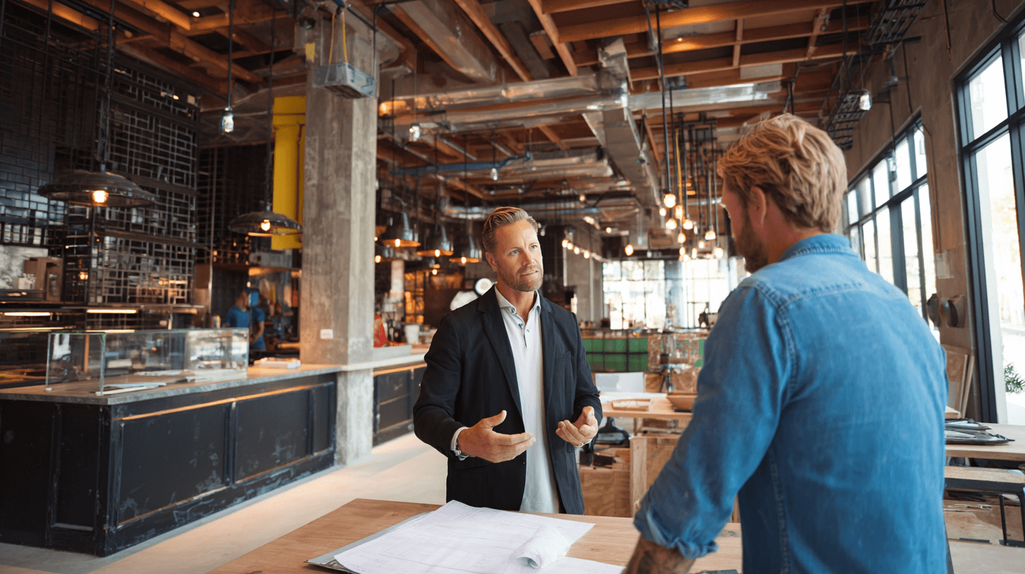 A shop fitting business owner speaking to a client.