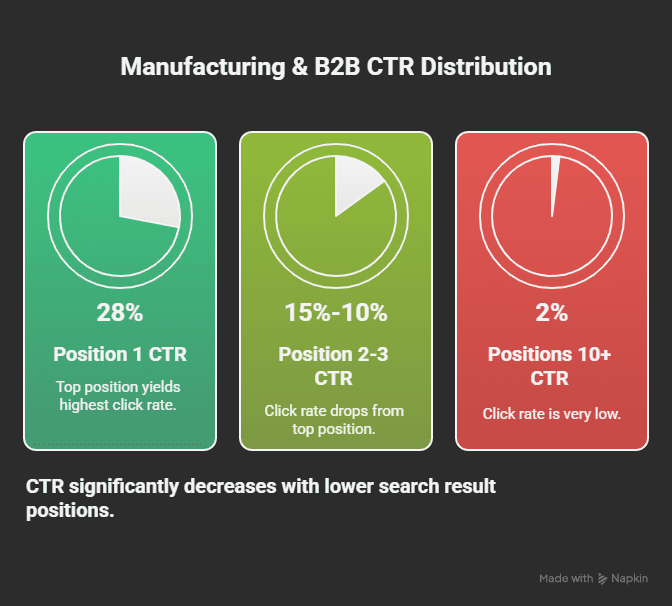An infographic showing the click through rate distribution based on search result position for manufacturing and b2b businesses. 