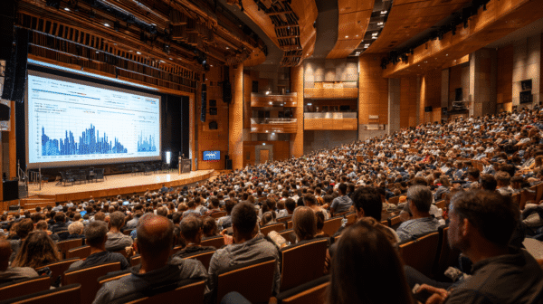 A large auditorium with people looking at seo benchmarks on a screen.