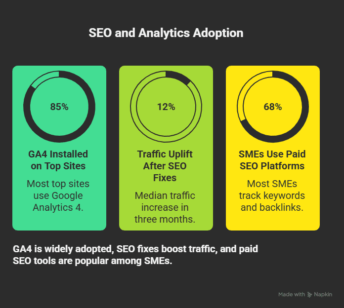 An infographic showing SEO statistics for analytics tools.