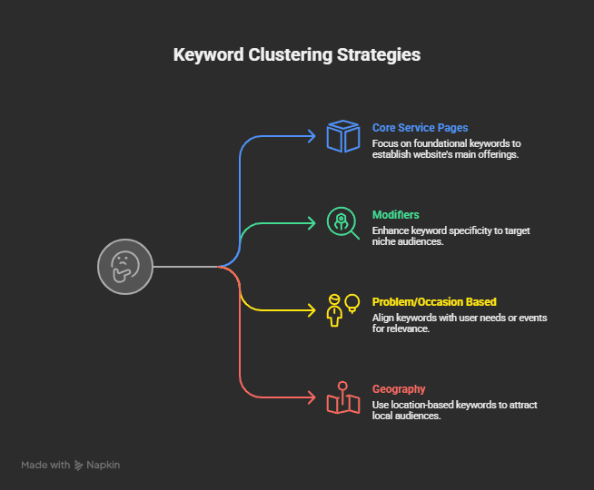 An infographic showing keyword clustering strategies for Law Firms.