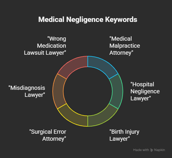 An infographic showing a list of the best medical negligence keywords for law firms.