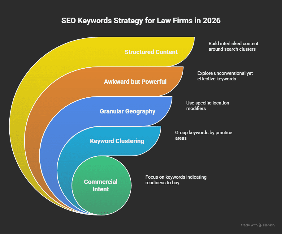 An infographic showing the SEO keywords strategy for Law Firms in 2026.