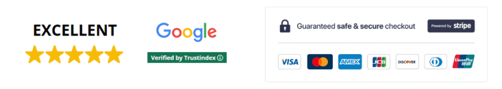 A trust bar showing Google Rating and Stipe secure payment.