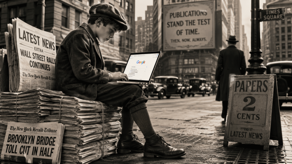 An image of a young man sitting on newspapers and using a laptop with Google searching for Editorial Backlinks.