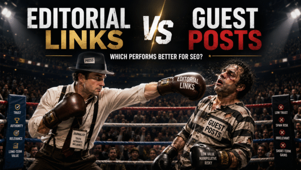An image showing editorial links vs guest posts in a boxing ring.