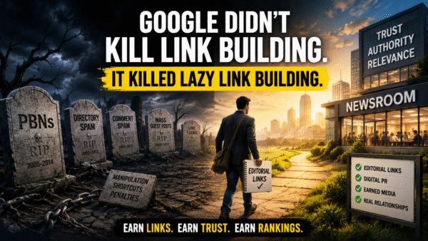 Illustration showing outdated link building tactics like PBNs, directory spam and link farms in a graveyard, contrasted with editorial links, digital PR and trust as the future of SEO.