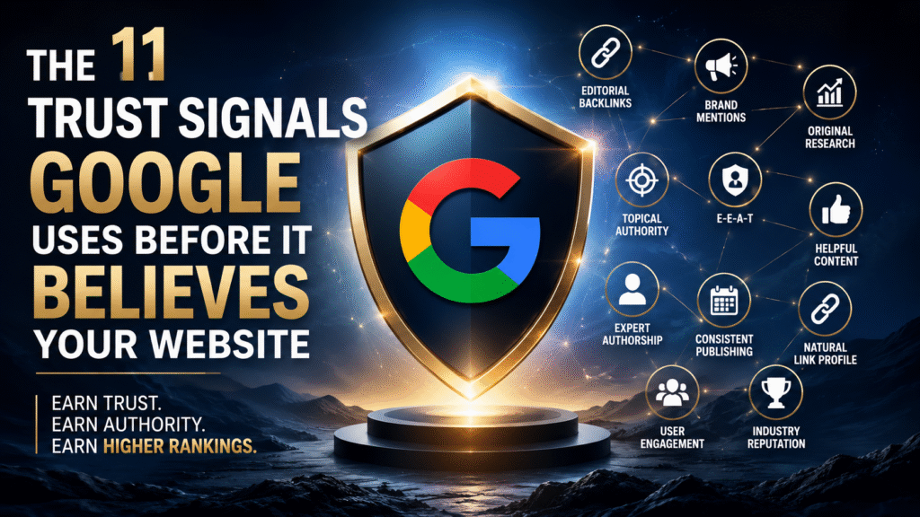 Illustration of Google's trust signals showing a shield protecting the Google logo, surrounded by editorial backlinks, E-E-A-T, brand mentions, original research, helpful content, and other authority signals used to evaluate website trust.