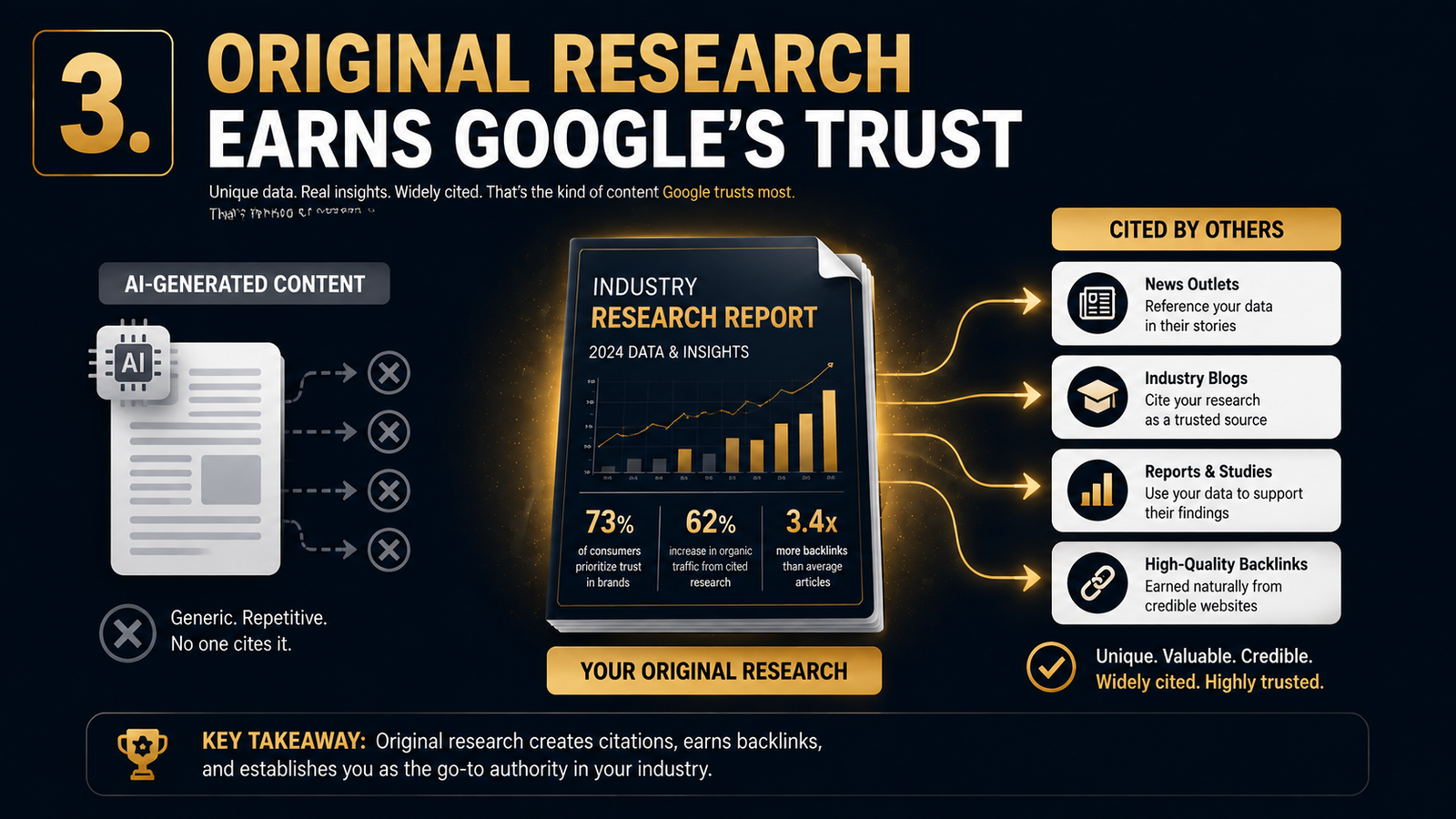 Infographic showing how original research earns Google's trust by comparing generic AI-generated content with unique industry research that attracts citations, backlinks, and authority.