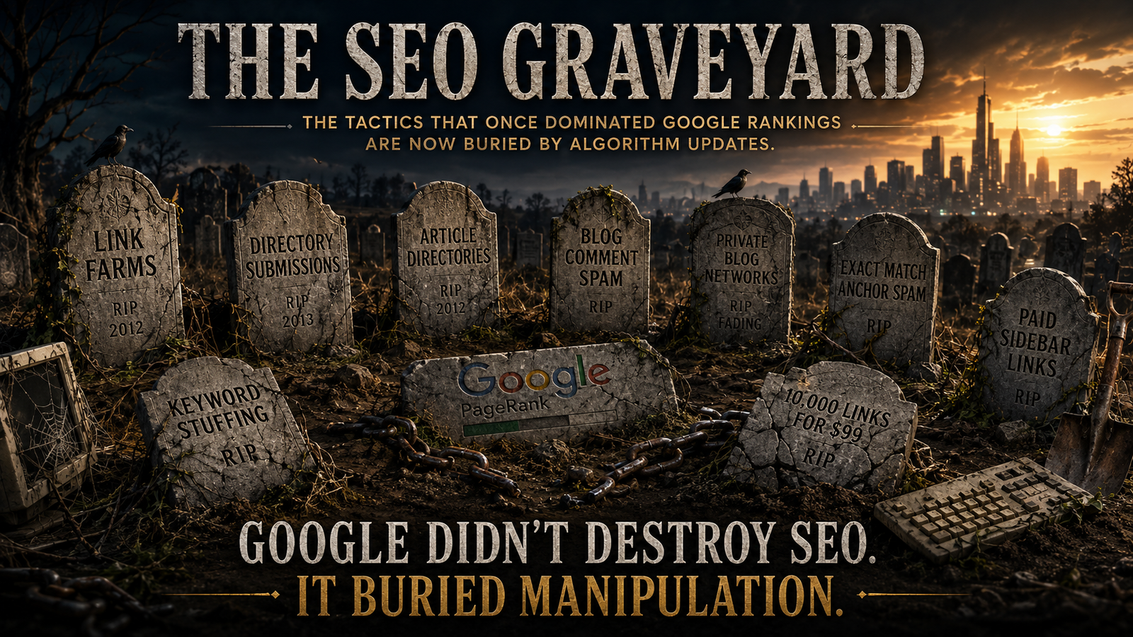 The SEO Graveyard infographic showing outdated link building tactics such as link farms, directory submissions, article directories, blog comment spam, private blog networks, and exact match anchor spam buried by Google's algorithm updates.
