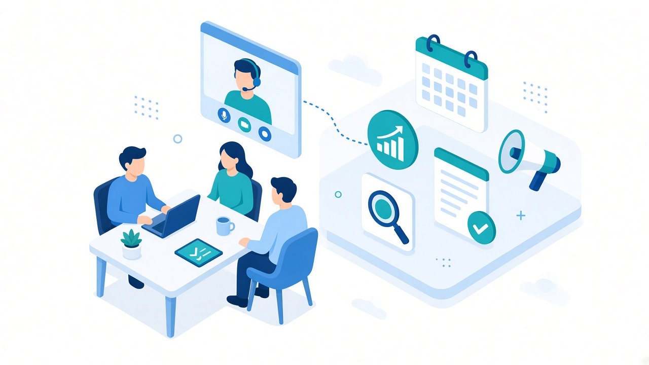 Remote team collaborating on outsourced marketing tasks